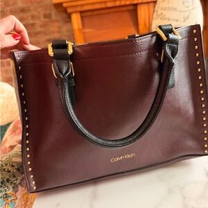 Calvin Klein Dark Burgundy Tote with Gold Accents